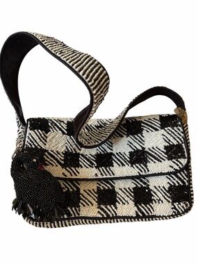 From India to You Black & White Checkered Beaded Shoulder Bag w/Black Swan charm